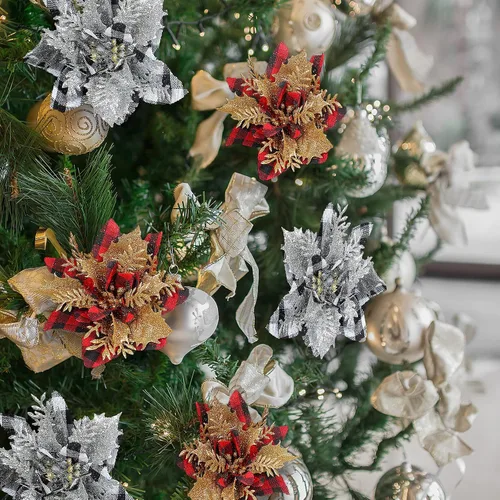 Vista 3 de 24 flores de Pascua de Navidad de 4.7 pulgadas con purpurina roja búfalo a cuadros de flores de nochebuena para adornos de árbol de Navidad
