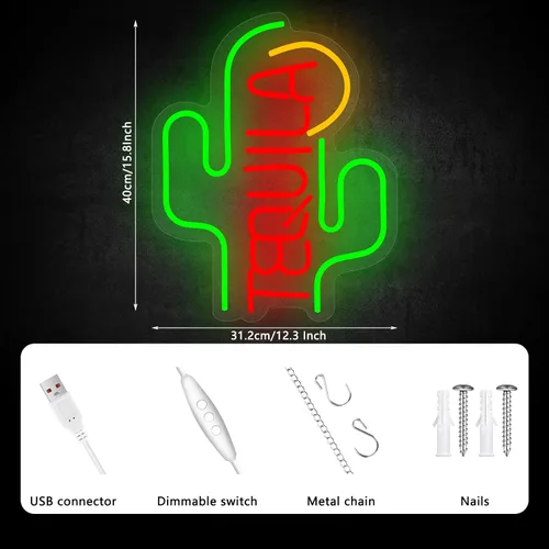 Vista 2 de Letrero de neón de tequila de cactus, letreros de neón para decoración de pared, letreros LED regulables para dormitorio, letreros estéticos