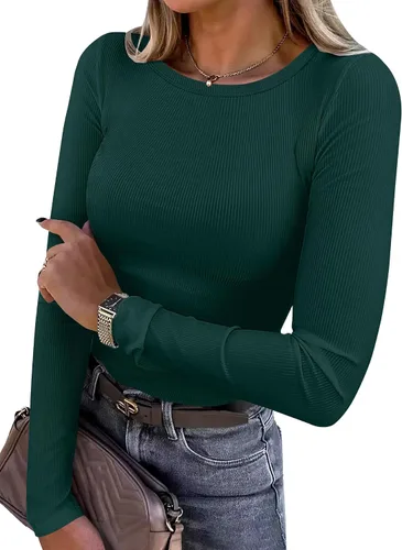 Vista 21 de ANRABESS - Camisetas de manga larga para mujer, de punto acanalado, ajustadas, básicas, 2025, informales, para usar a capas o debajo del uniforme