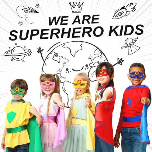 Vista 4 de iROLEWIN Capas de superhéroes para niños, paquete de 20 regalos de fiesta de superhéroes para niños pequeños, disfraces de grupo de Halloween, juego
