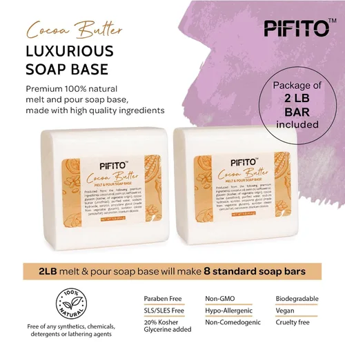 Vista 2 de Pifito Base de jabón para derretir y verter manteca de cacao (2 libras) │ Base de jabón de glicerina 100% natural prémium │ Suministros de lujo