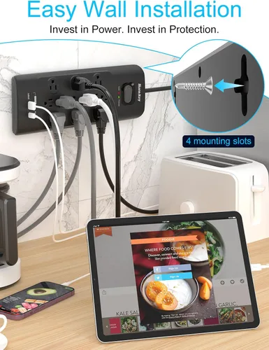 Vista 4 de Huntkey - Regleta protectora de sobretensiones (3480J), 12 salidas con 2 USB A y USB C de 20 W, carga rápida, enchufe plano de 6 pies, cable