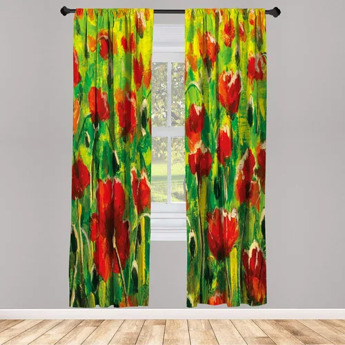 Vista 58 de Ambesonne - Cortinas amarillas para ventana, arte moderno escandinavo de escena de jardín con flores de tulipán y mariposas bailando, juego de 2