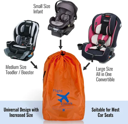 Vista 3 de Bolsa de viaje para asiento de automóvil y portaequipajes para puerta con bolsa de viaje, naranja brillante con letras azules para aeropuerto