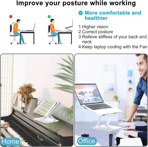 Vista 2 de Soporte ajustable para laptop con ventilador de refrigeración, soporte de computadora multiángulo de aleación de aluminio para escritorio, soporte