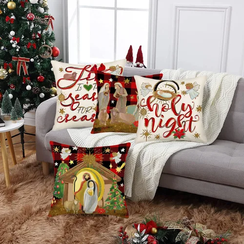 Vista 4 de Fukeen Juego de 4 fundas de almohada con texto en inglés "Merry Christmas" de 16 x 16 pulgadas con texto en inglés "Natividad de Jesús, Noche