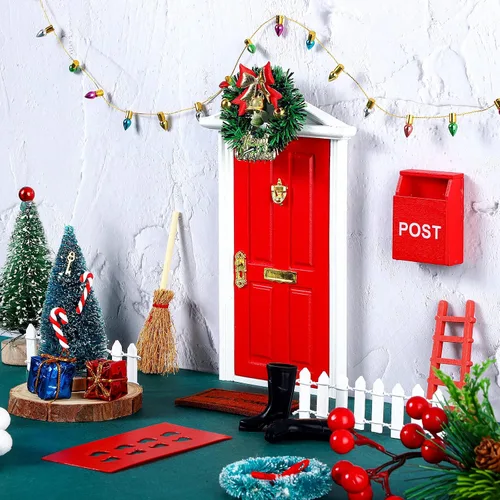 Vista 9 de Hungdao - 20 piezas de decoración en miniatura de madera para puerta de elfo de Navidad, puerta azul