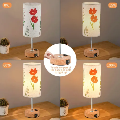Vista 2 de Lámpara de mesa táctil de flores, lámparas de noche regulables de 3 vías con puerto USB y tomacorriente, bonita lámpara con base de grano de madera