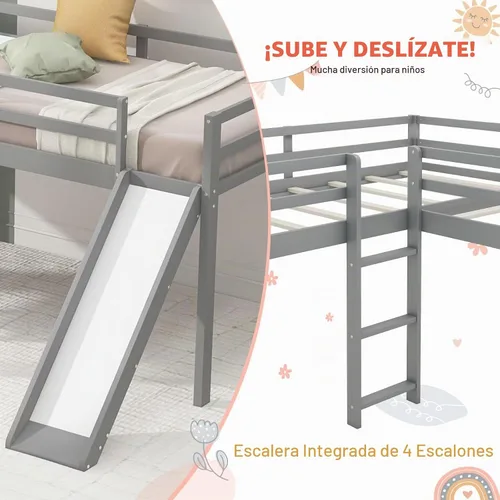 Vista 3 de Merax Cama doble tipo loft de tamaño individual con tobogán y escalera, marco de cama de madera en forma de L con barandilla de longitud completa