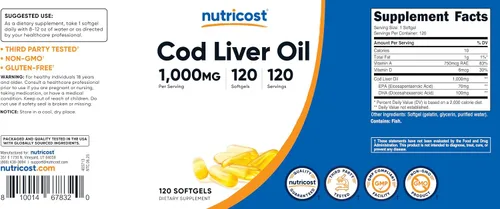 Vista 6 de Nutricost Aceite de hígado de bacalao 1000 mg, 120 cápsulas blandas, sin OMG y sin gluten