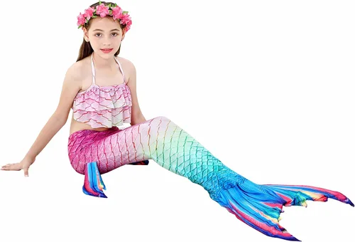 Vista 4 de Colas de sirena para nadar para niñas, 5 piezas, conjunto de traje de baño de bikini de 4 a 13 años