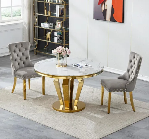 Vista 35 de Juego de mesa de comedor de mármol sintético de oro blanco de 47 pulgadas para 2, juego de mesa de comedor de cocina de 3 piezas, juego de mesa