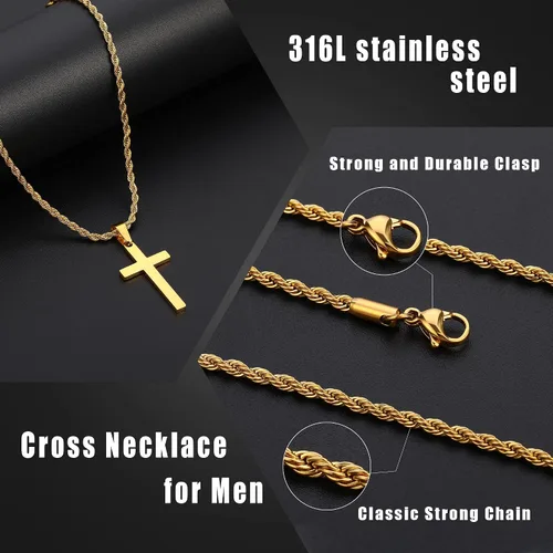 Vista 4 de LUXEJEW Collares de cruz de acero inoxidable para hombre, cadena de cuerda, collar con colgante de cruz negra, plata y oro, para hombres, niños
