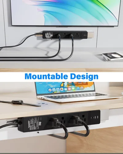 Vista 5 de GFCI - Regleta de alimentación con 4 salidas y 4 puertos USB (2 USB-C), cable de extensión resistente protegido contra sobretensiones de 6 pies Negro