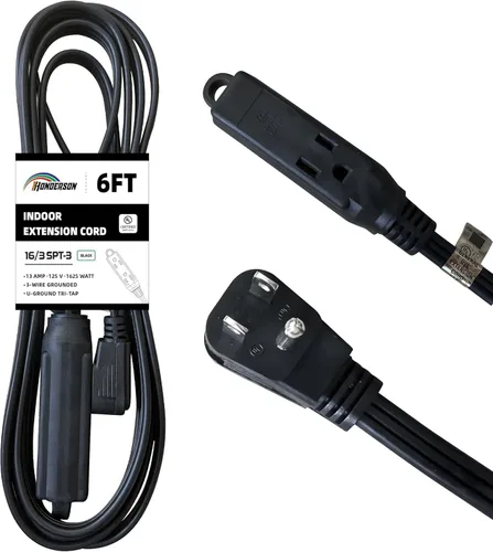Vista 30 de Cable de extensión de enchufe plano de 3 tomas, certificado UL, cable de extensión para interiores de 16 calibre 1 pie negro de 3 puntas, tira