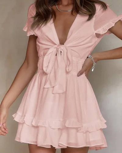 Vista 3 de PRETTYGARDEN - Mini vestido de verano con vuelo para mujer. Vestido corto acampanado con cuello en V y manga corta con volantes en la parte delantera