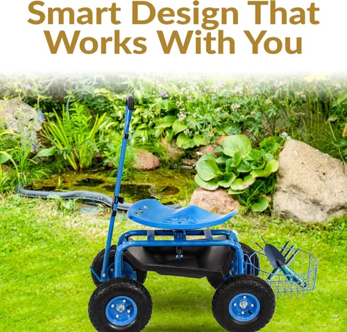 Vista 4 de Sunnydaze Carrito de jardín con ruedas - Taburete de jardín con ruedas - Asiento de jardinería con ruedas con mango extensible - Asiento giratorio
