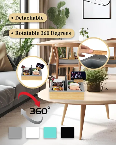 Vista 3 de Bandeja con Soporte para Tazas de Sofá, Caddy de Bambú de Silicona Hitseon con Soporte Giratoria para Teléfono para Cama y Asiento de Coche