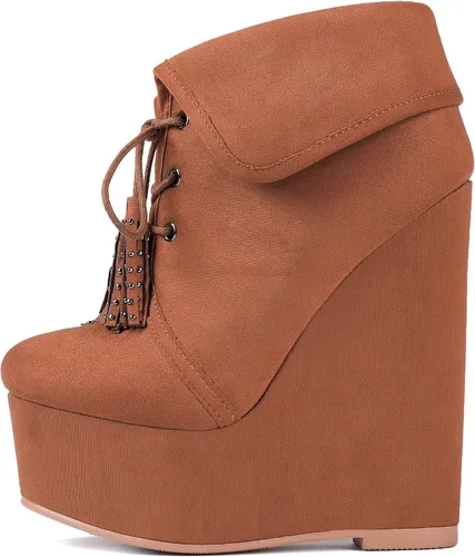 Vista 2 de YODEKS Botas de tacón alto para mujer con cordones y puntera redonda, botas de tacón alto, botas de vestir de fiesta elegante