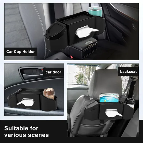 Vista 6 de Organizador de respaldo de asiento de automóvil 7 en 1 con portavasos, caja de pañuelos, cubo de basura y ganchos, organizador de almacenamiento