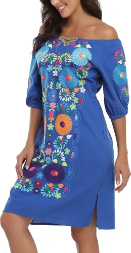 Vista 4 de YZXDORWJ Vestido bordado mexicano de manga corta para mujer