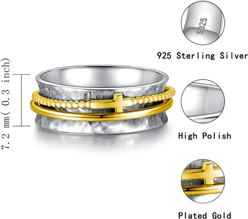 Vista 5 de Anillo de cruz para mujer, plata de ley 925, anillos giratorios de banda ancha martillada