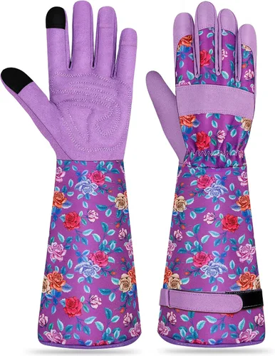 Vista 25 de Guantes largos de jardinería para mujer, guantes de cuero a prueba de espinas, guantes de trabajo transpirables para mujeres, patio, exteriores