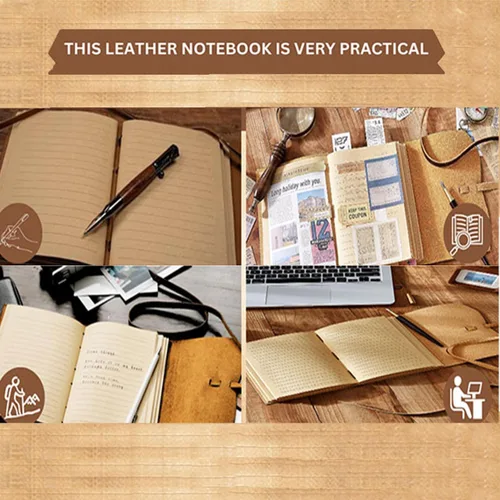 Vista 4 de Succor Diario de cuero genuino hecho a mano de 8 x 6 pulgadas, cuaderno de escritura rayado con 240 páginas de papel kraft gruesas, diario de viaje