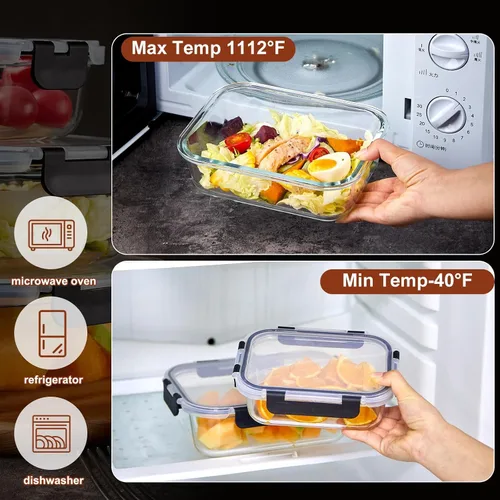 Vista 11 de Paquete de 8 recipientes de vidrio para comida preparada con tapas, juego de almacenamiento de alimentos extra grueso hermético