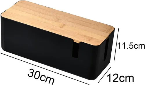 Vista 3 de Changsuo Caja de organización de cables con tapa de bambú, pequeña caja organizadora de cables para cable de extensión, protector de sobretensiones