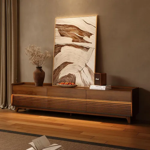 Vista 16 de POVISON Soporte de TV moderno de mediados de siglo totalmente ensamblado con luces LED ajustables, consola multimedia de madera, centro