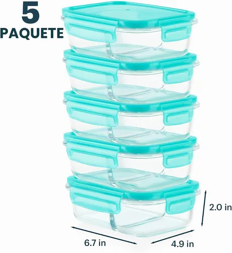 Vista 4 de Pyrex Caja de comida de vidrio (paquete de 5, 2.3 tazas), compartimentos Para preparar comidas y porciones, sin BPA, apto para microondas