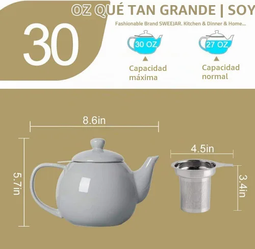 Vista 2 de Sweejar - Tetera de cerámica, tetera de porcelana de 30 onzas con infusor Azul