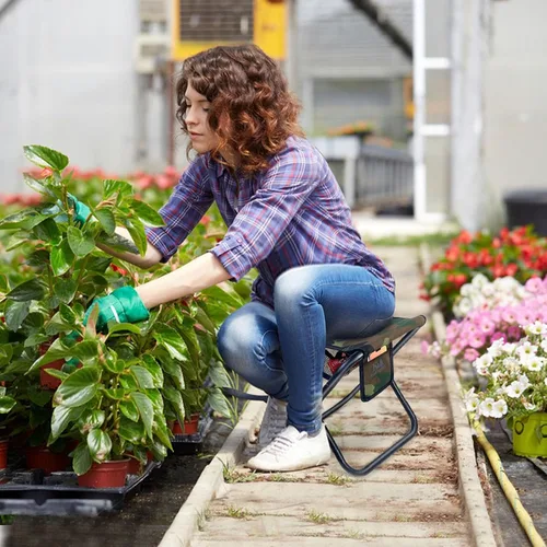 Vista 2 de Taburete plegable portátil mejorado de 13 pulgadas con bolsillo lateral de malla y sistema Molle, taburete plegable ligero para adultos, jardinería