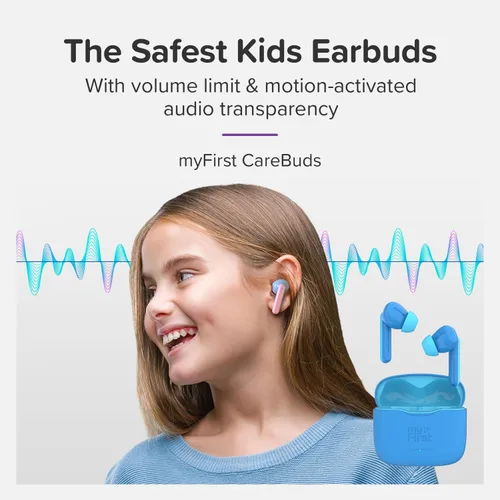 Vista 2 de myFirst Carebuds Auriculares para Niños - Auriculares Inalámbricos Bluetooth Verdaderos con Límite de Volumen de 85db, Micrófono, Estuche de Carga