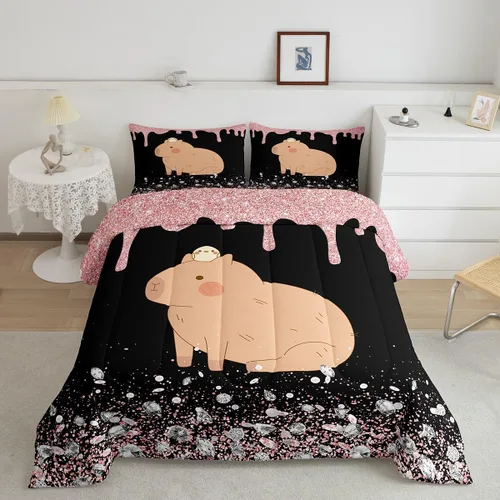 Vista 9 de Feelyou Juego de edredón de dibujos animados de Capybara, tamaño individual con 1 funda de almohada, juego de ropa de cama con estampado de Multi 02