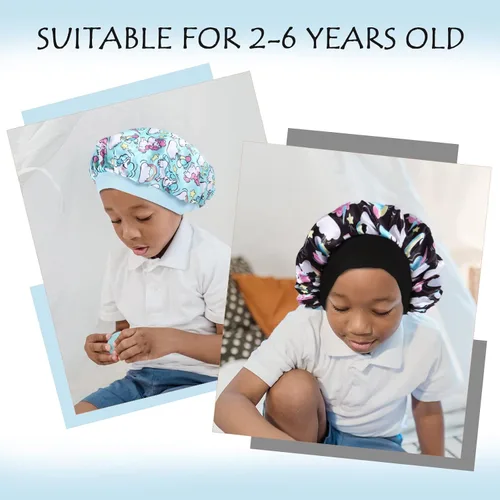 Vista 6 de 4 gorros de seda para dormir, gorros de satén para niñas, gorro de dormir de satén para cabello rizado natural y banda ancha elástica