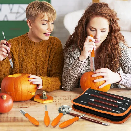 Vista 5 de Kit de 11 piezas de tallado de calabaza para adultos y niños con herramientas de escultura de detalles profesionales, juego de cuchillos de acero
