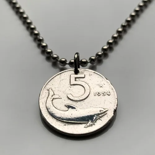 Vista 2 de 1953 Italy Italia 5 Lire coin pendant dolphin porpoise Rome Milan Florence Venice Verona Genoa Palermo Bologna Torino Napoli Cagliari San Gimignano