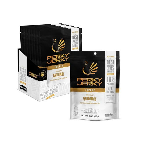 Vista 10 de Perky Jerky Carne seca original 100% alimentada con pasto, 1 onza (paquete de 12), sin antibióticos, 0.35 onzas de proteína por porción, baja