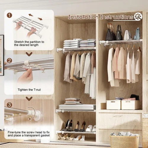 Vista 4 de Hershii - Estantería y barra extensible para armarios, estante de almacenamiento de metal expansible,organizador ajustable, separador para armarios