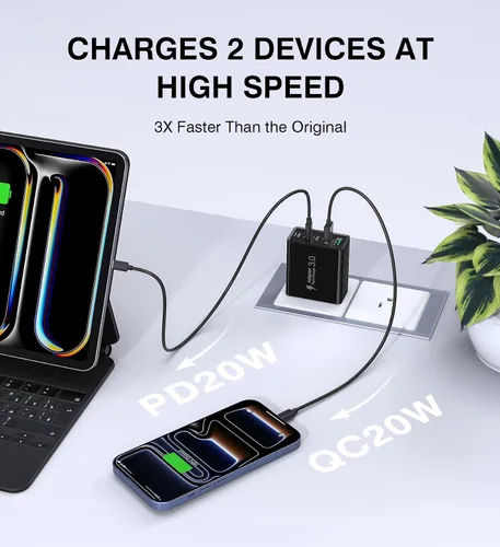 Vista 3 de [Paquete de 2] Cargador de pared USB C, bloque de cargador tipo C de 60 W, bloques de carga rápida de 5 puertos, enchufe multipuerto 3USB C+2USB A