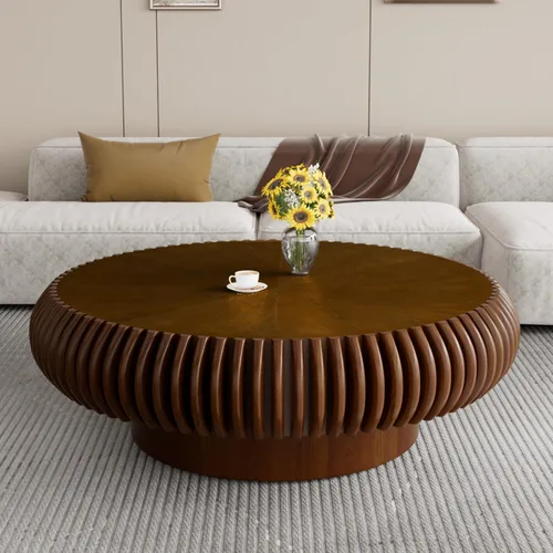 Vista 12 de Mesa de centro de tambor de 31.5 pulgadas, moderna y única, mesa de té acanalada, mesa de centro redonda de madera contemporánea con mesa central