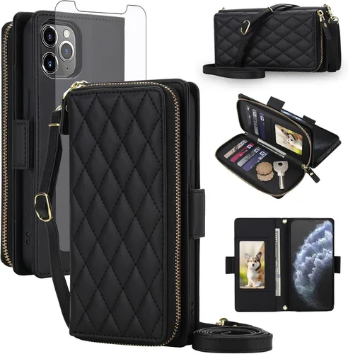 Vista 30 de Asuwish Funda compatible con iPhone 6/6s/7/8/SE 2020 2022 con cremallera y bloqueo RFID, protector de pantalla, correa cruzada i6 i7 i8 7s 8s SE2020