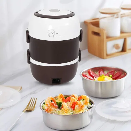 Vista 2 de Fiambrera eléctrica para arrocera, 3 capas, 2 L, calentador de alimentos de arroz portátil con estante para vapor, vaporizador de alimentos de acero