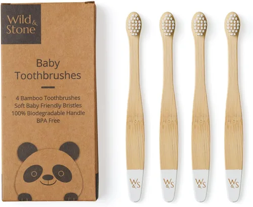 Vista 6 de Wild & Stone Cepillos de dientes orgánicos de bambú para bebé, paquete de 4, cerdas suaves, mango 100% compostable, sin BPA, cepillos de dientes