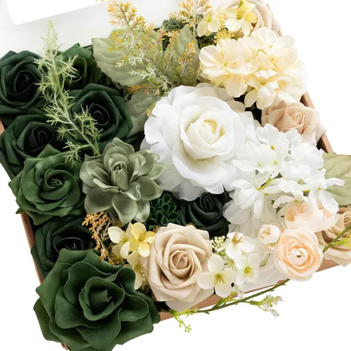 Vista 23 de Ling's moment Caja de flores artificiales, tallos de follaje artificial falso, rosas de espuma, dalia de seda, hierba de pampas, flor de tela