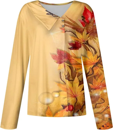 Vista 4 de Blusas sueltas de manga larga con cuello en V para mujer, estampado floral, cuello de solapa, asimétrica, con botones, para otoño 2023
