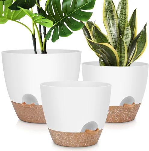 Vista 8 de YNNICO Macetas de 10/9/8/7.5/7 pulgadas, macetas de riego automático con agujeros de drenaje y platillos para plantas de interior y exterior (negro)