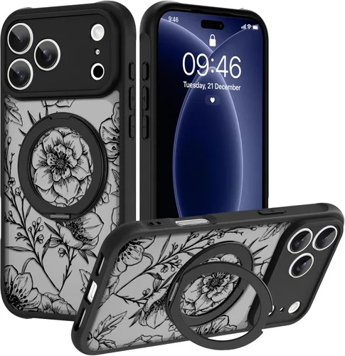 Vista 79 de OOK Funda magnética para iPhone 13 Pro Max [compatible con MagSafe] Funda delgada translúcida mate con flor silvestre negra, protección para lente